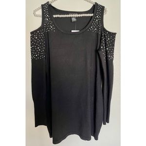 Brand New Questions Cold Shoulder Black Rhinestones Embellished Sweater Top XL